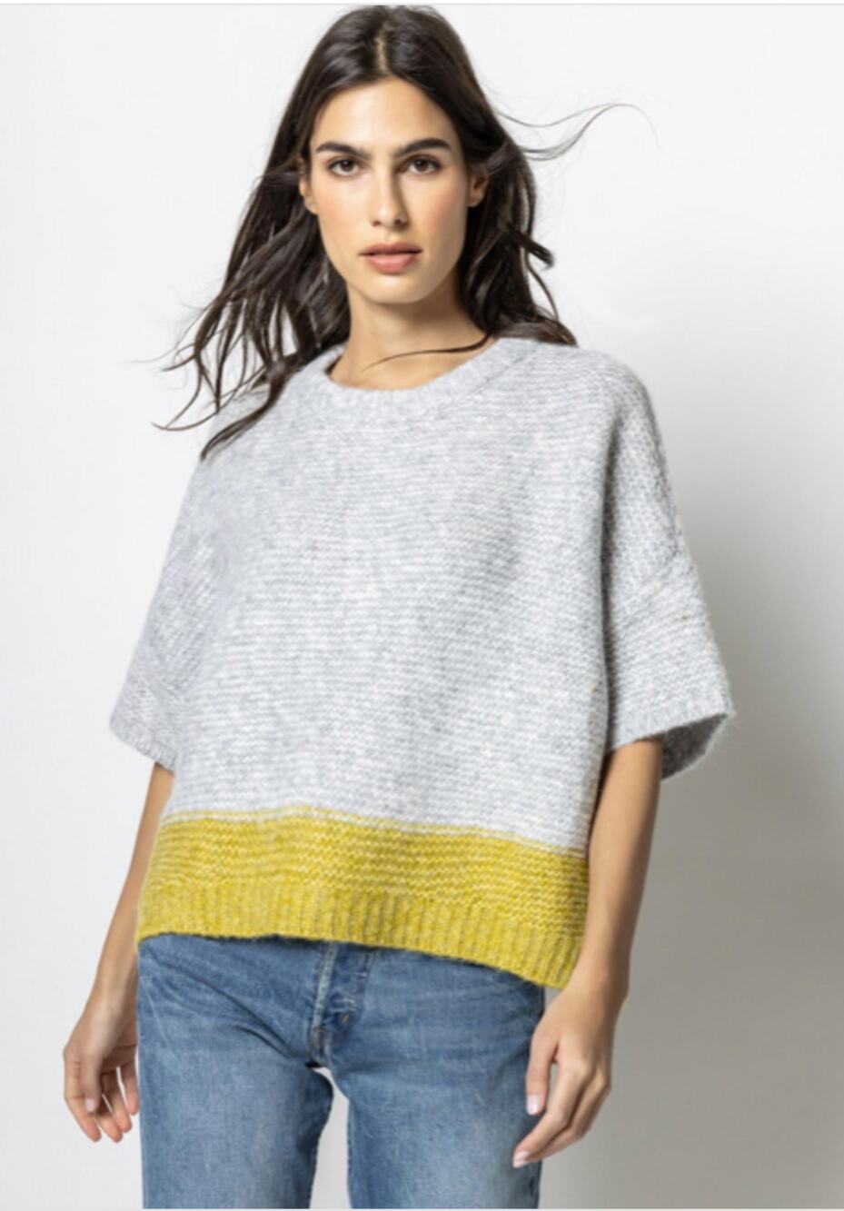 Lilla P Colorblock Short Sleeve Crewneck Sweater Grey/Canary M/L